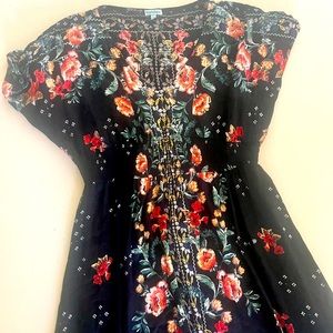 Nordstrom Nostalgia Black Floral Boho Dress size Large VNeck Stretchy 1990s